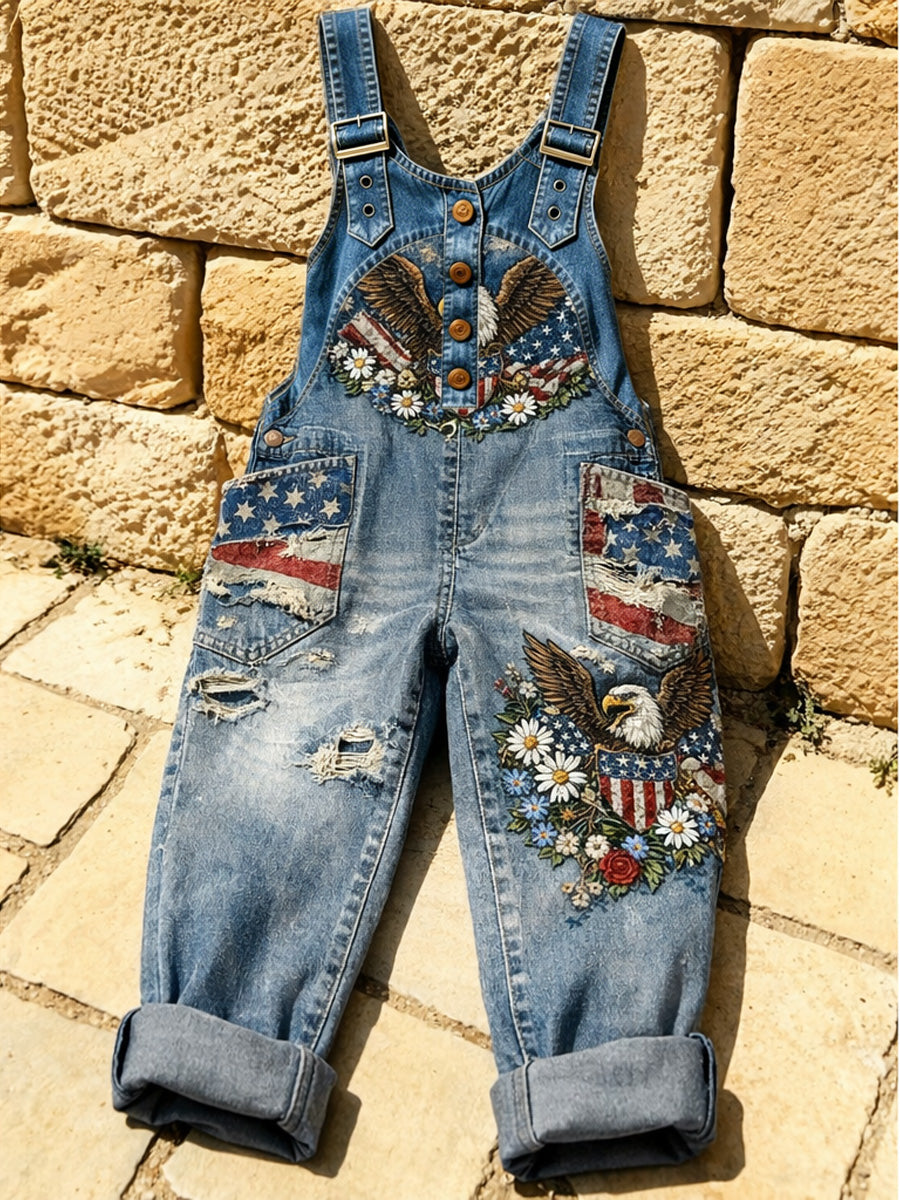 Women's Retro Floral Color-Blocked Art Print Washed Cotton Denim Patchwork Jumpsuit